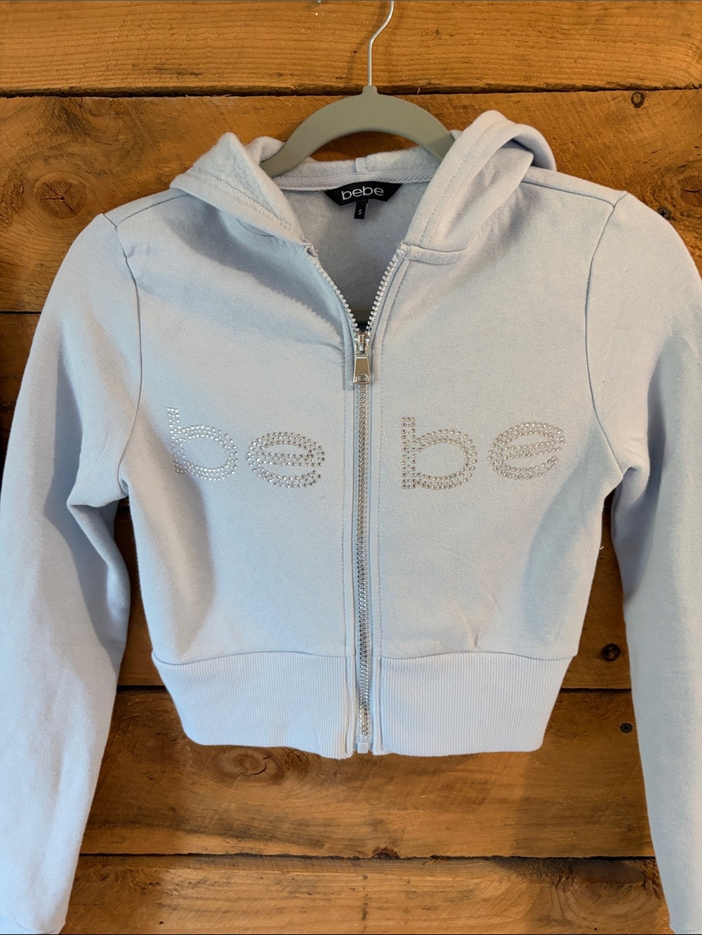 bebe Pale Blue Rhinestone Logo Zip-Up Hoodie